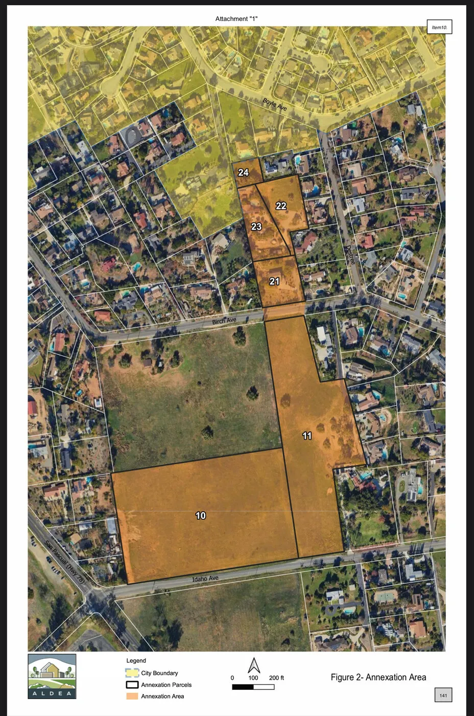 Figure 2 from the Aldea application: the annexation area parcels shaded against the existing city boundary.