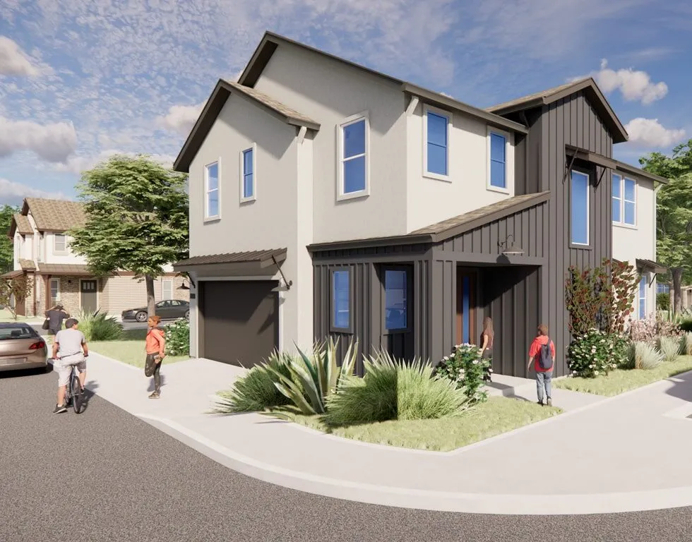 Developer rendering of the proposed Aldea streetscape: two-story attached homes fronting a new interior street.