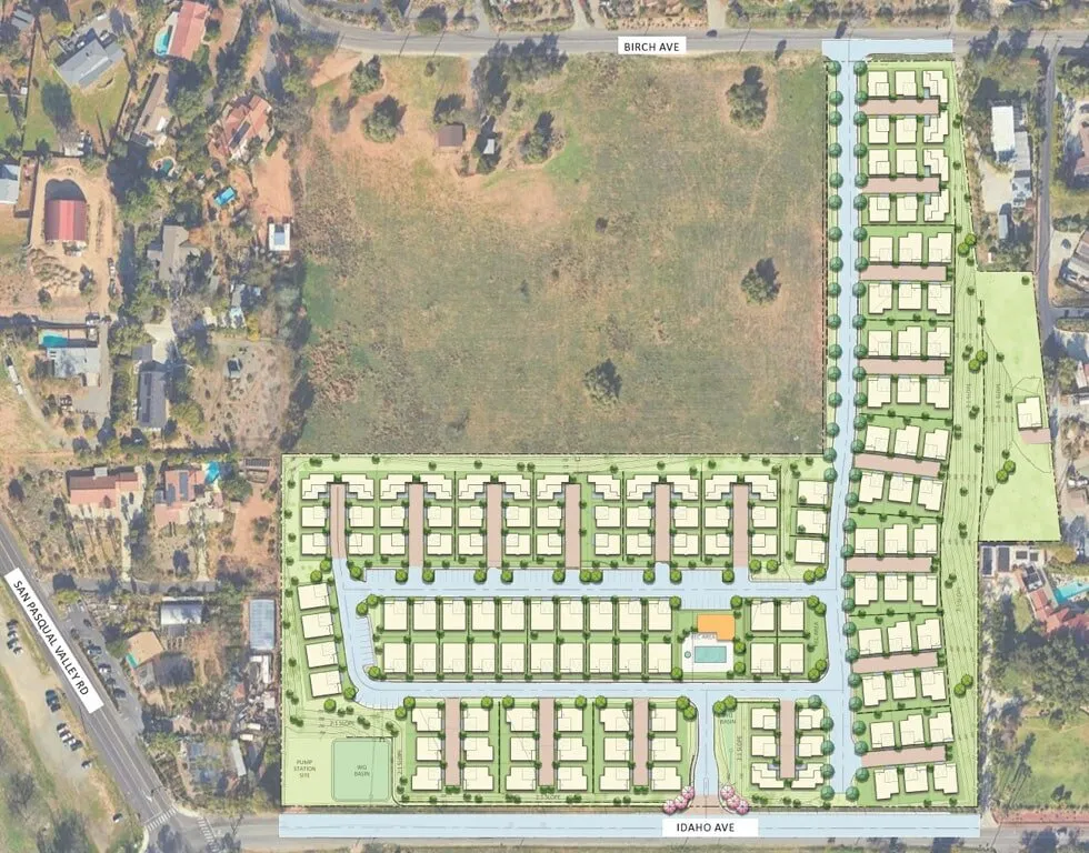 Aldea site plan overlaid on an aerial photo, showing the proposed street and lot layout.